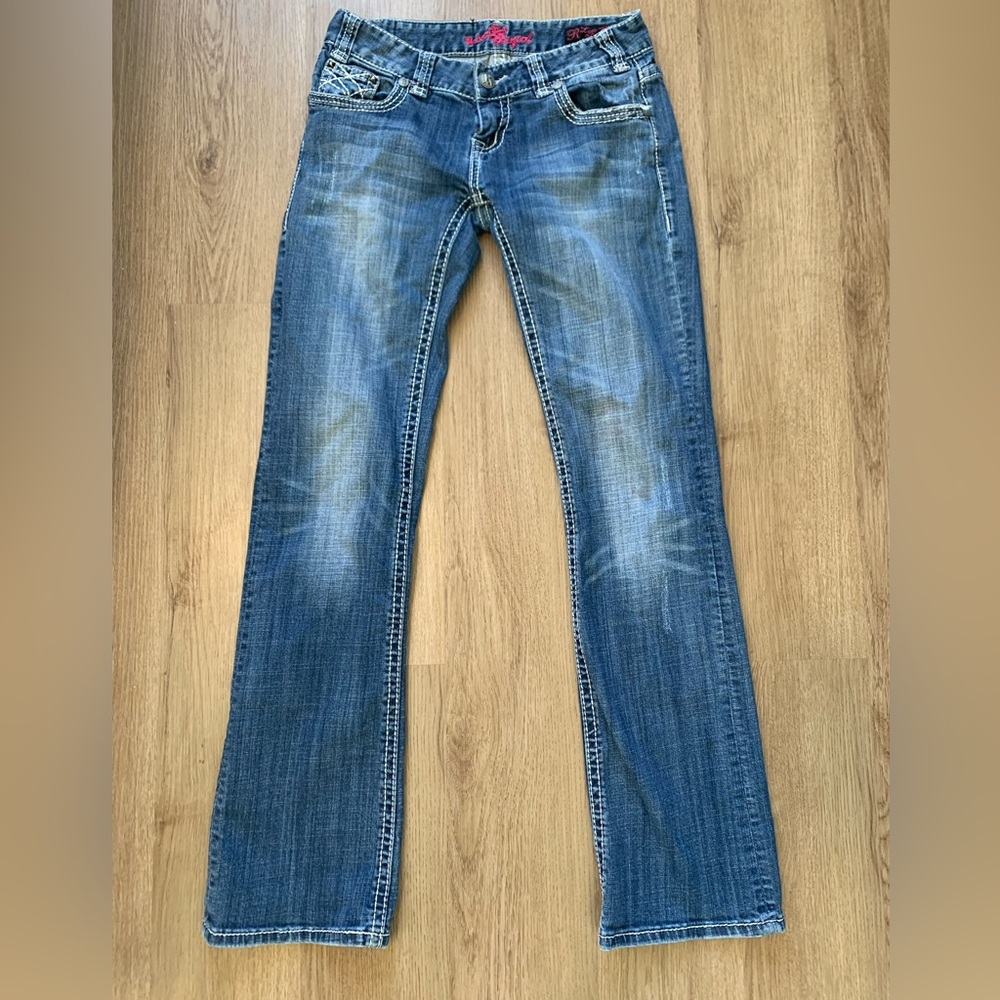 Rock and Roll Cowgirl Low Rise Bootcut Jeans Denim Embellished Pockets Size 28